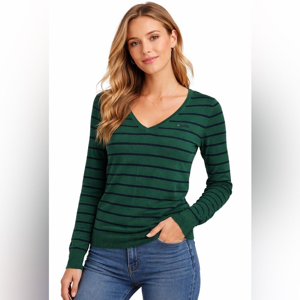 Tommy Hilfiger Pima Cotton Blend Striped Sweater Womens Large Green V-Neck